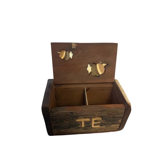Vintage Handmade Wooden Tea Bag Te Box Brown Teak Wood 2 Slots Armadillo - Picture 7 of 9